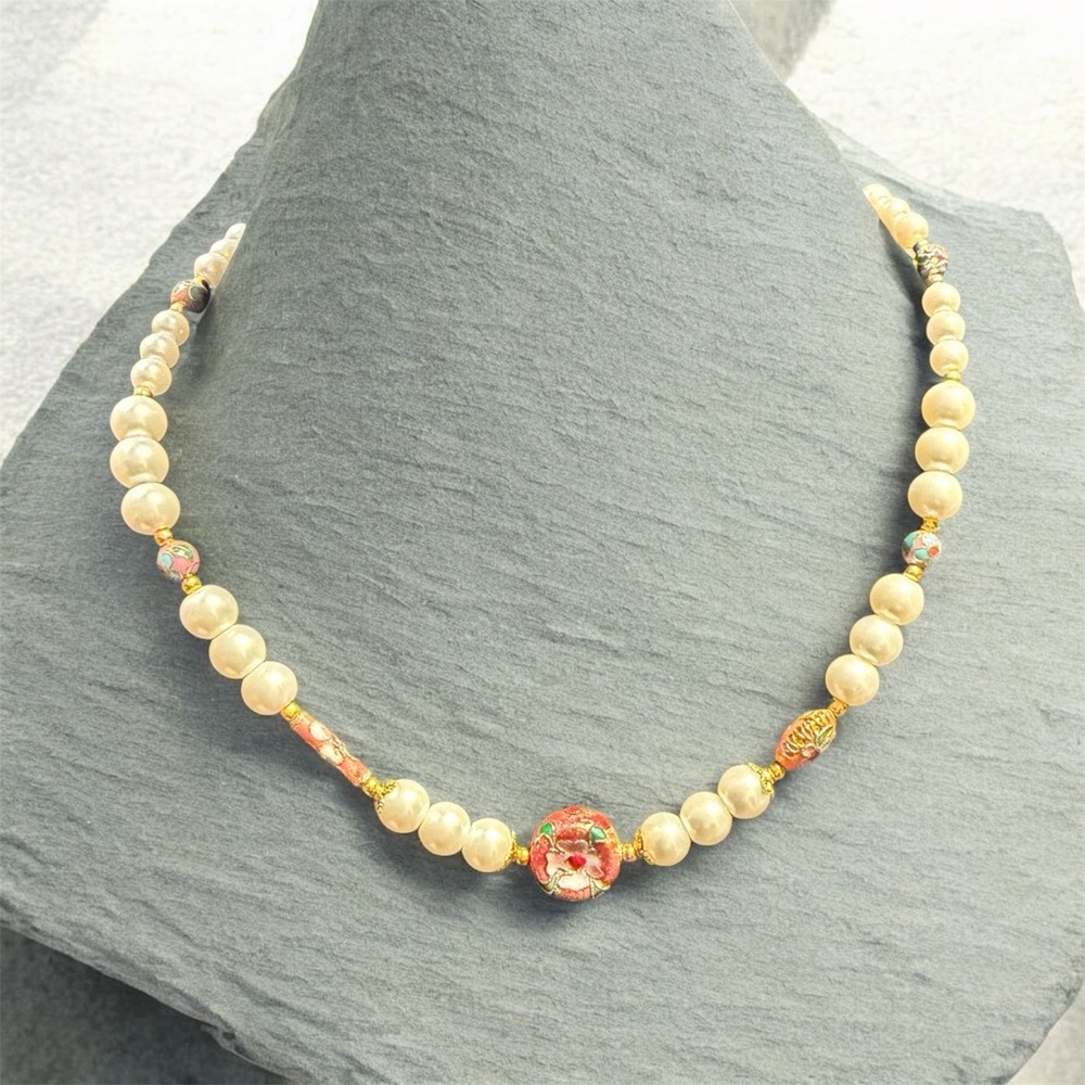 Handcrafted Cloisonné Pearl and Gold Beaded Necklace - Picture 1 of 12